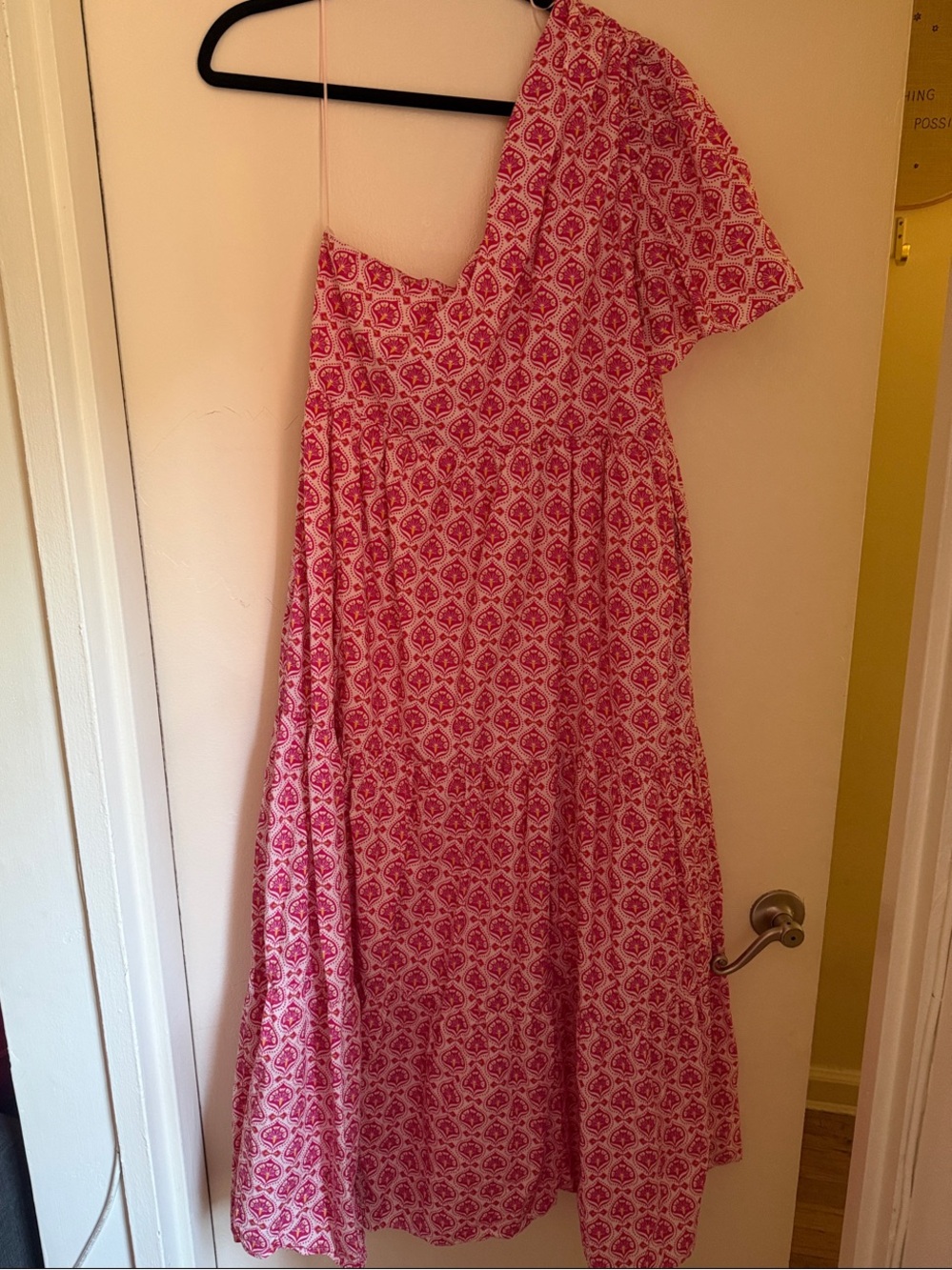 Pink One-Shoulder Printed Midi Dress with Asymmetric Sleeve